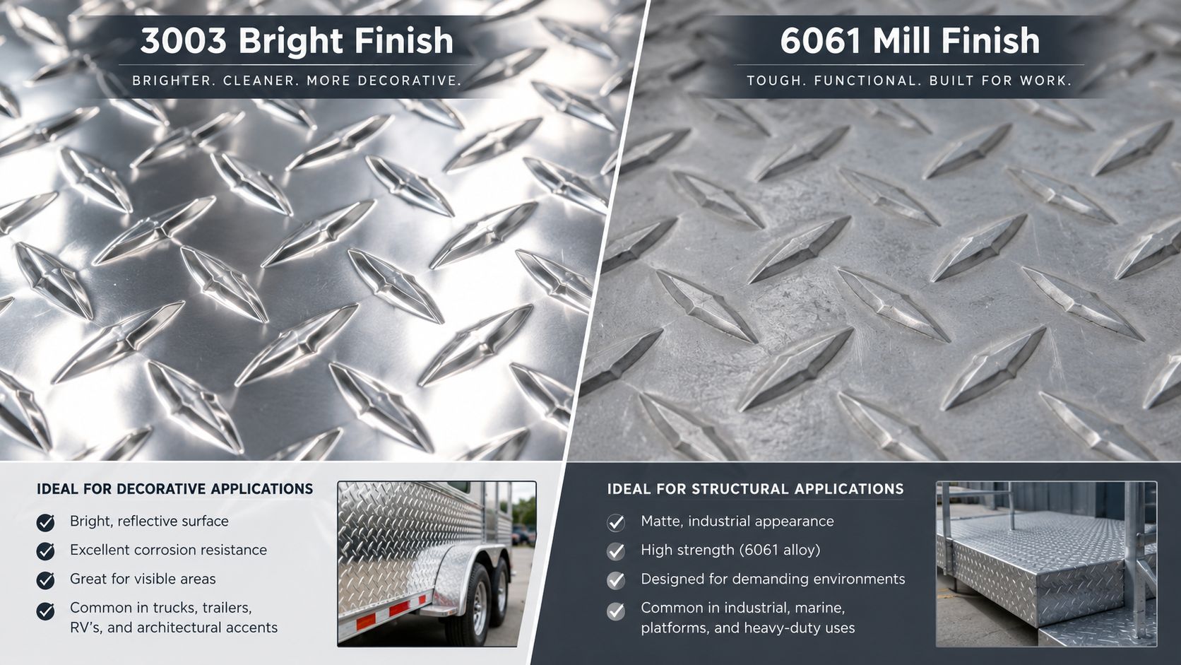 6061 vs 3003 Aluminum Tread Plate: Strength, Uses & Differences 40 3003 bright finish vs 6061 mill finish