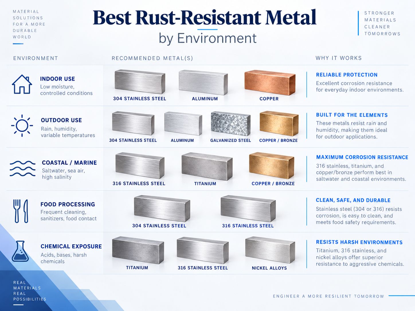Metals That Don’t Rust: 7 Corrosion-Resistant Metals Explained 162 Best rust resistant metal by environment including indoor outdoor coastal marine food and chemical applications