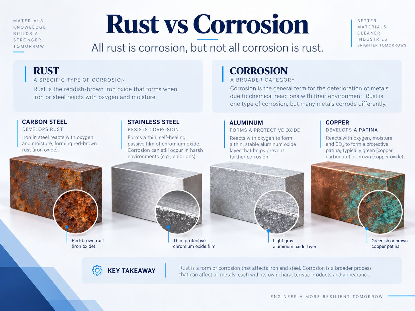 Metals That Don’t Rust: 7 Corrosion-Resistant Metals Explained 157 Rust vs corrosion comparison for carbon steel stainless steel aluminum and copper