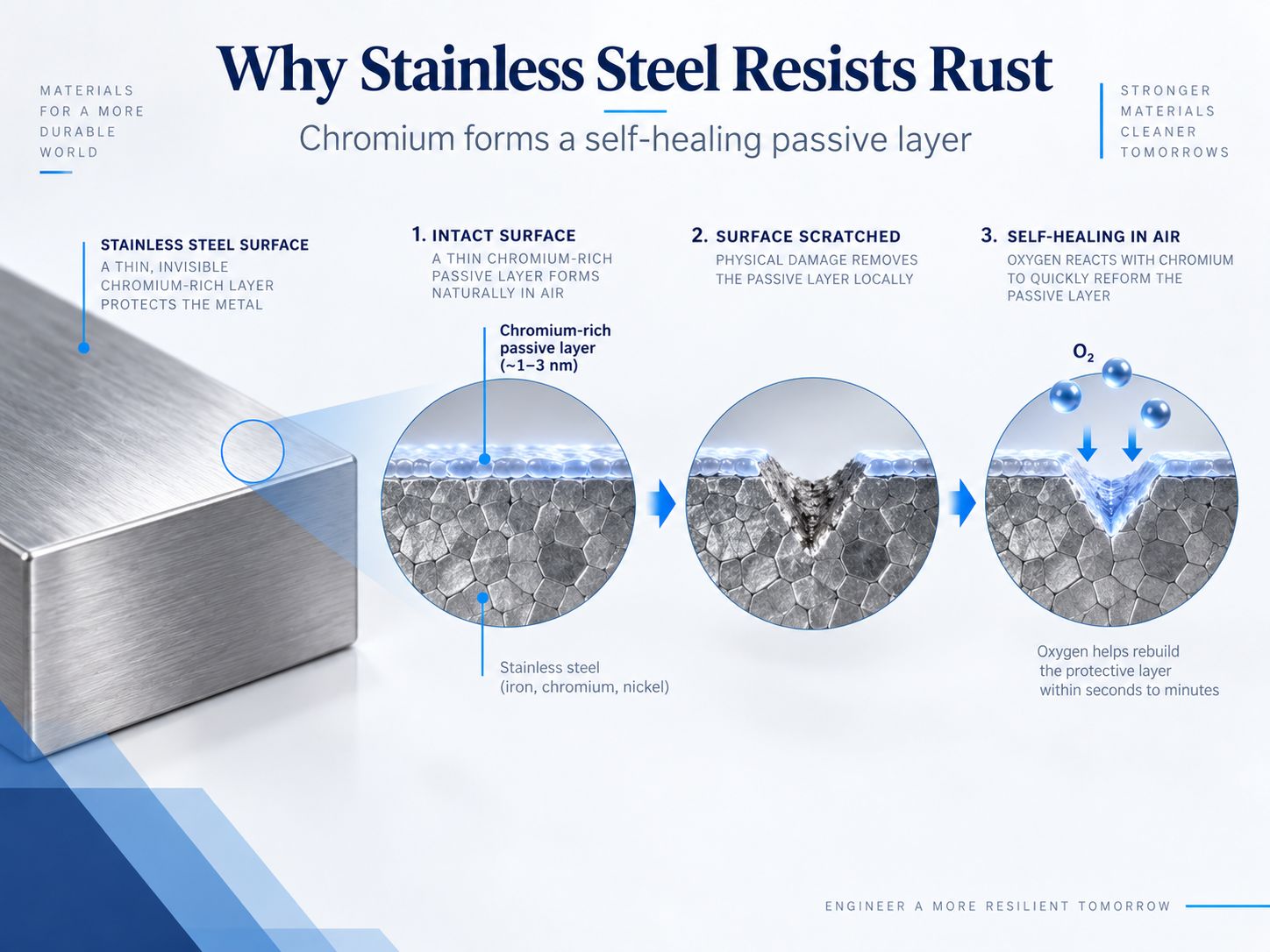 Metals That Don’t Rust: 7 Corrosion-Resistant Metals Explained 159 Stainless steel chromium-rich passive layer and self-healing mechanism