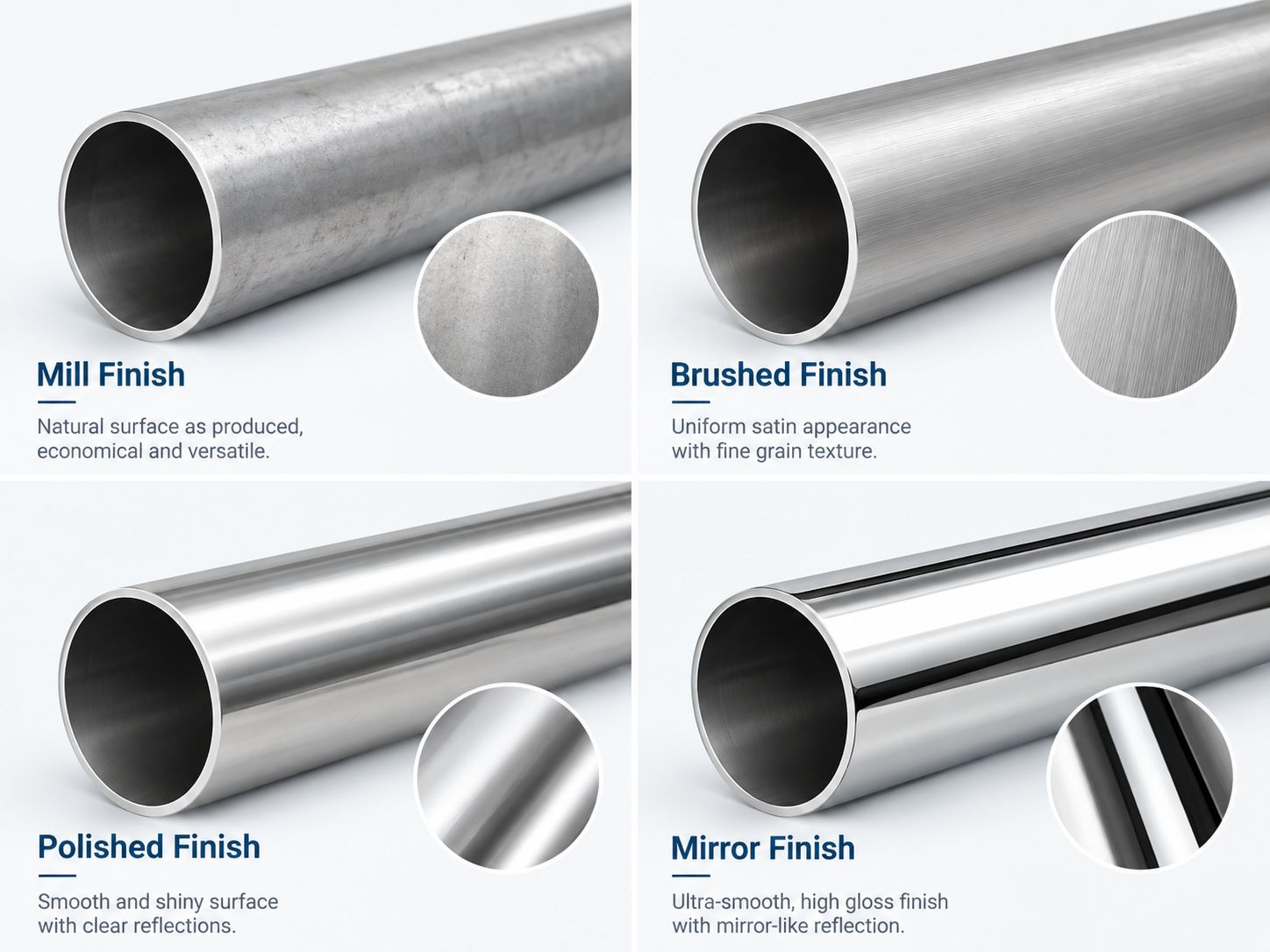Stainless steel round tube surface finishes