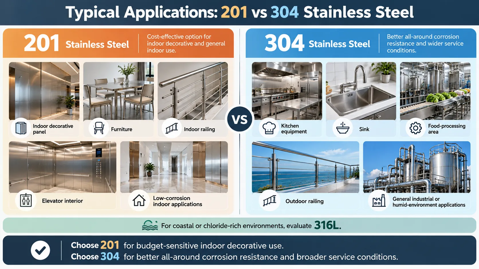 201 vs 304 Stainless Steel: Cost, Corrosion & Buyer Selection Guide 51 Typical applications of 201 vs 304 stainless steel
