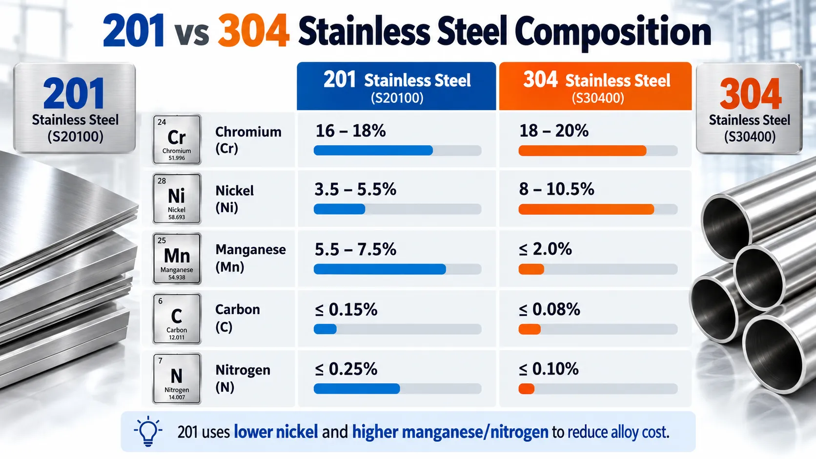201 vs 304 Stainless Steel: Cost, Corrosion & Buyer Selection Guide 46 201 vs 304 stainless steel chemical composition comparison
