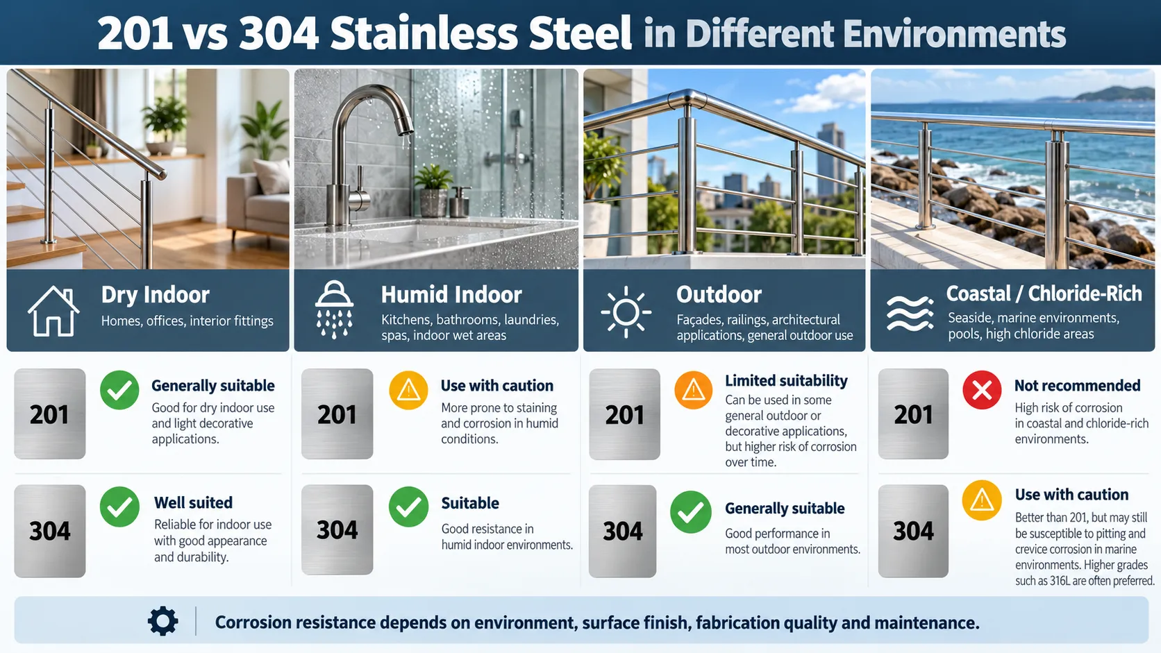 201 vs 304 Stainless Steel: Cost, Corrosion & Buyer Selection Guide 48 201 vs 304 stainless steel corrosion resistance in different environments