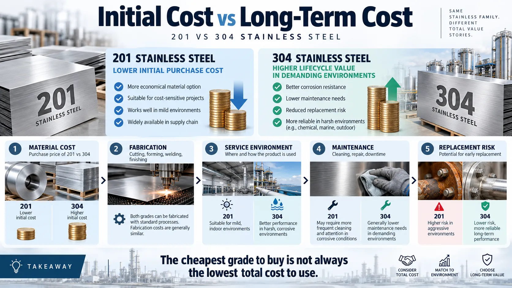 201 vs 304 Stainless Steel: Cost, Corrosion & Buyer Selection Guide 49 201 vs 304 stainless steel initial cost and long-term cost