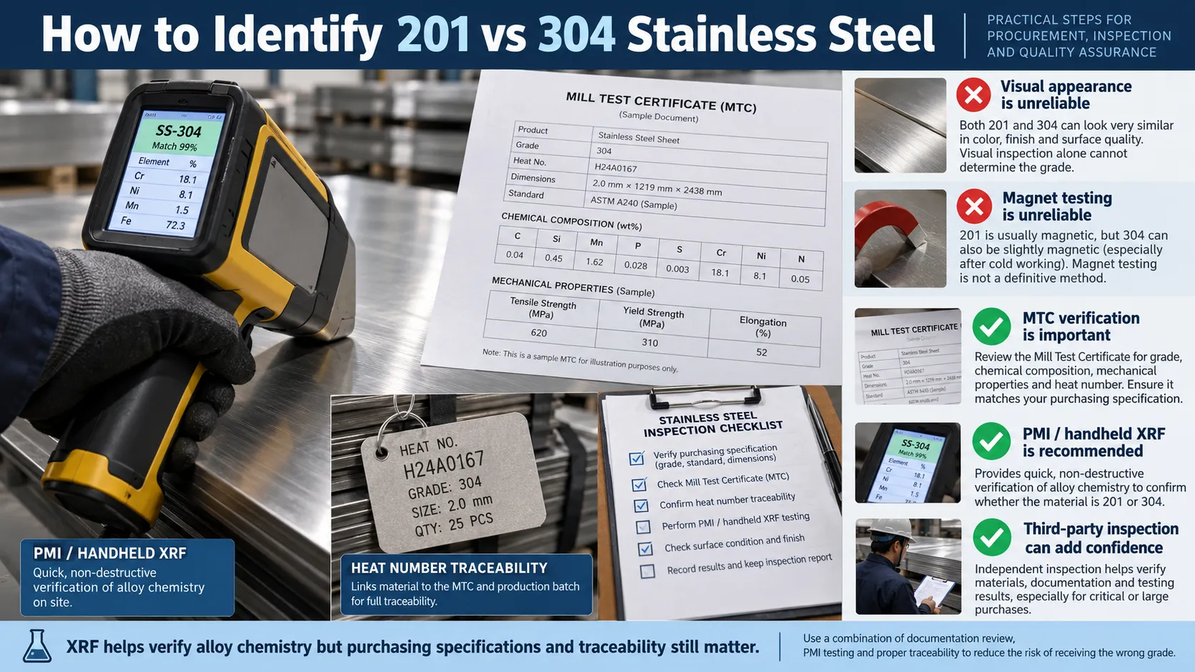201 vs 304 Stainless Steel: Cost, Corrosion & Buyer Selection Guide 50 How to identify 201 vs 304 stainless steel using XRF and material certification