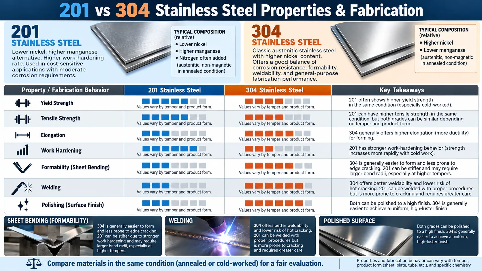 201 vs 304 Stainless Steel: Cost, Corrosion & Buyer Selection Guide 47 201 vs 304 stainless steel mechanical properties and fabrication