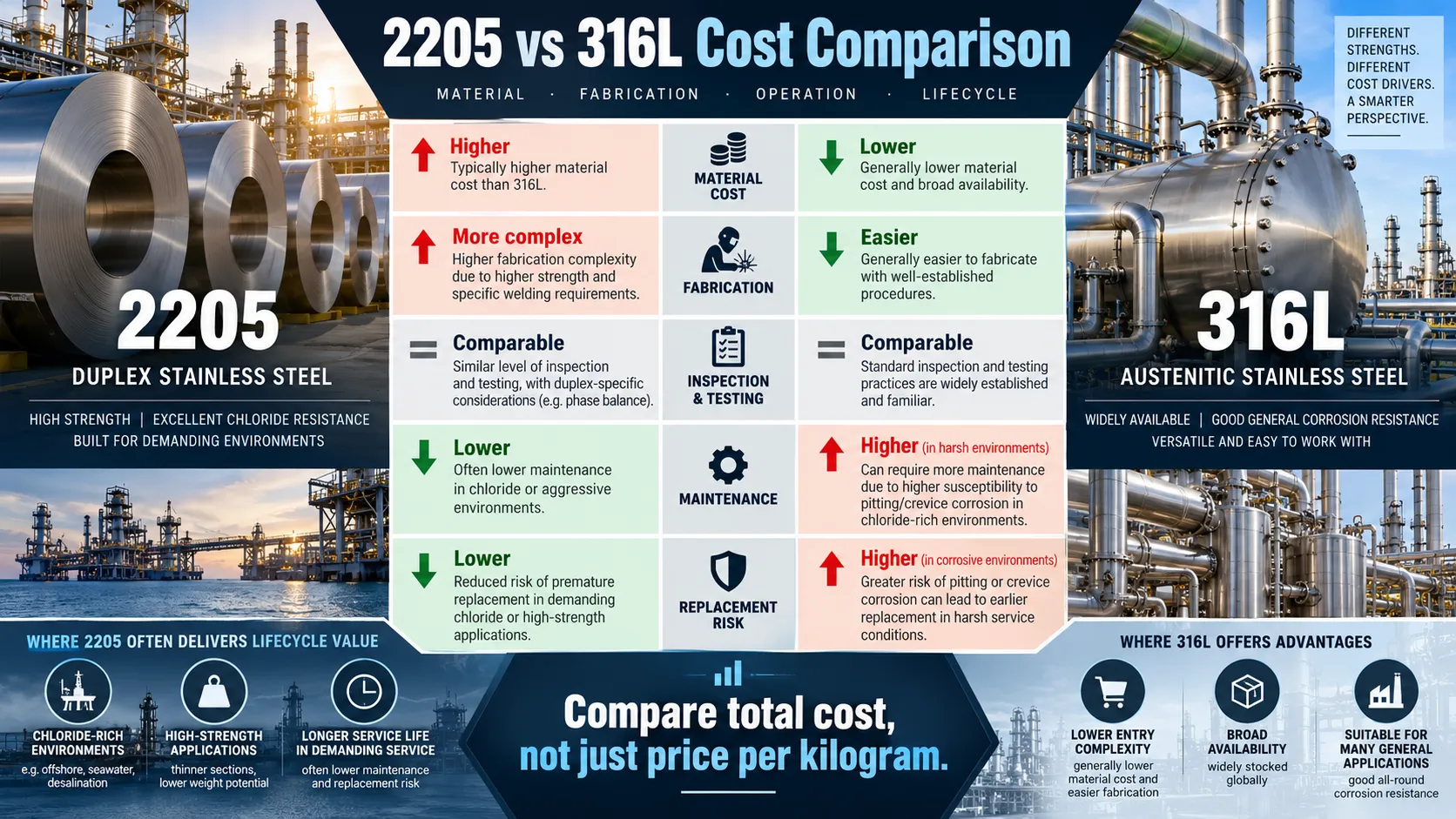 Duplex 2205 vs 316L total cost of ownership comparison