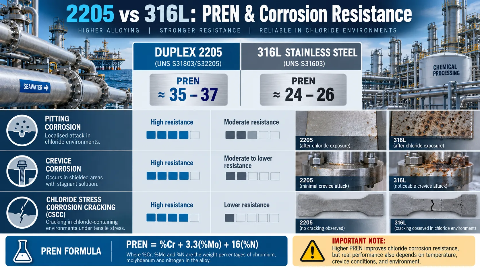 2205 vs 316L PREN pitting crevice corrosion and chloride SCC comparison
