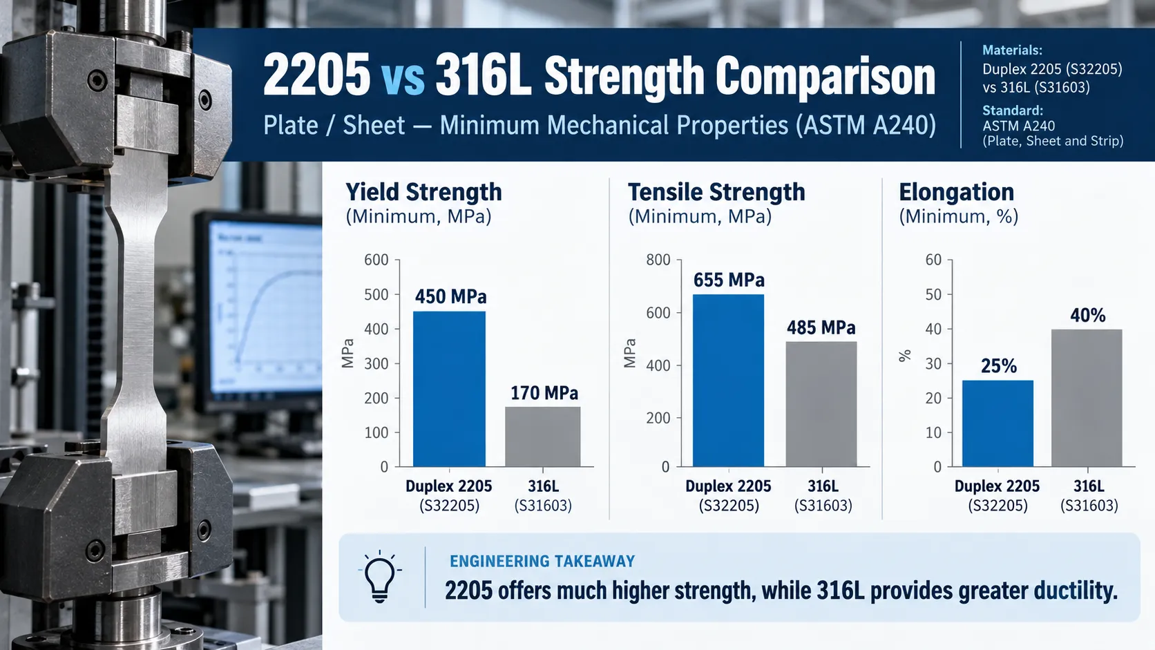 2205 vs 316L yield tensile strength and elongation comparison