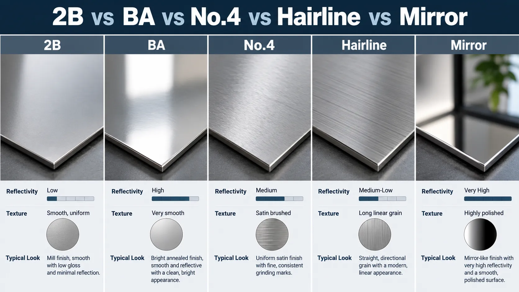 Stainless Steel Surface Finishes: 2B vs BA vs No.4 vs HL vs Mirror 31 2B vs BA vs No.4 vs Hairline vs Mirror stainless steel finish comparison