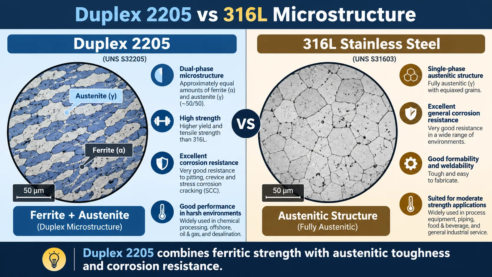 Duplex 2205 ferrite and austenite vs 316L austenitic microstructure