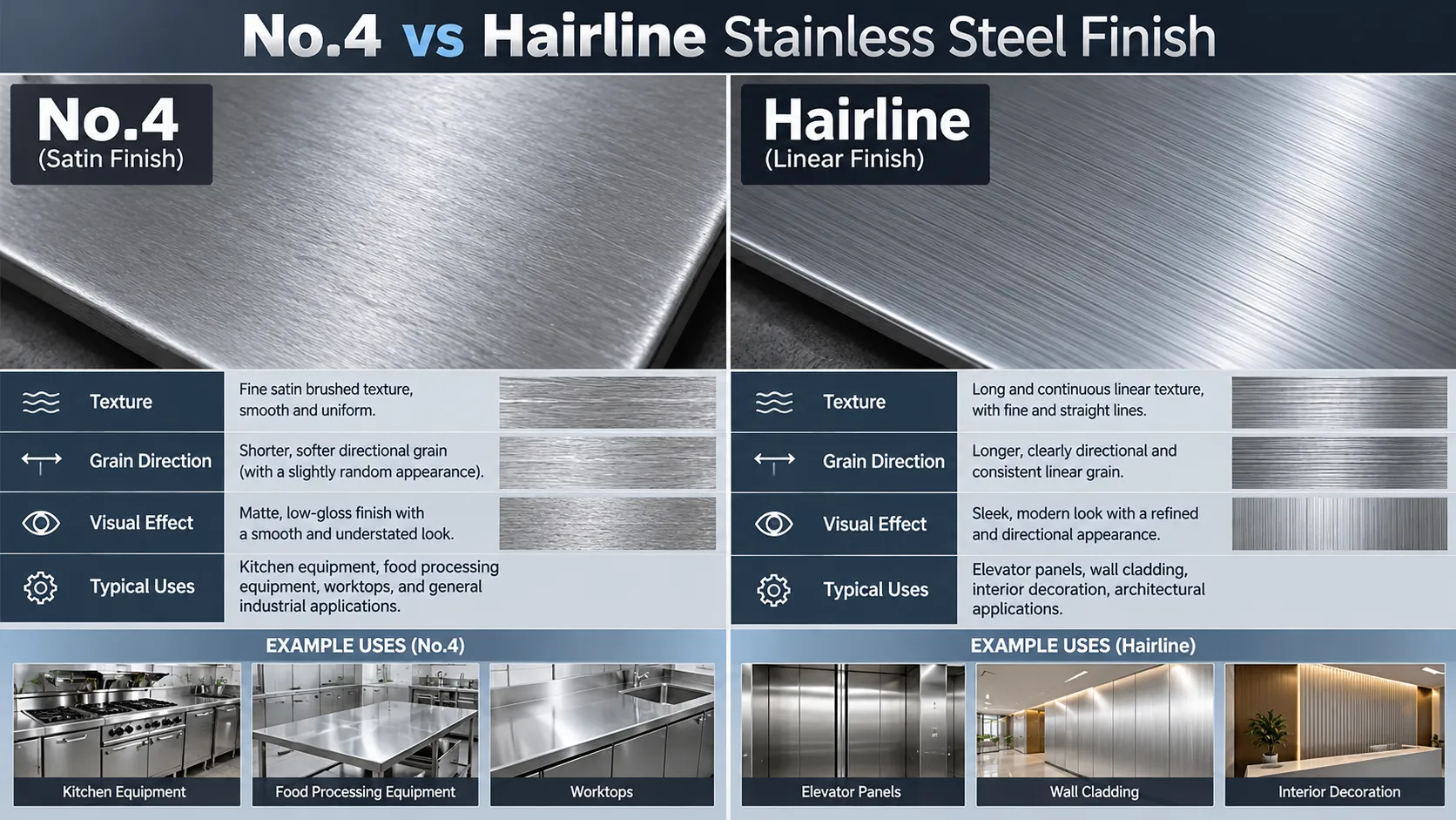Stainless Steel Surface Finishes: 2B vs BA vs No.4 vs HL vs Mirror 33 No.4 vs Hairline stainless steel finish texture comparison