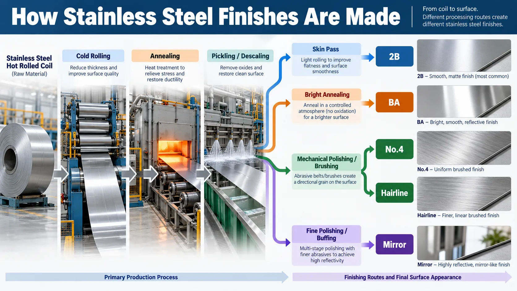Stainless Steel Surface Finishes: 2B vs BA vs No.4 vs HL vs Mirror 32 How stainless steel surface finishes are made